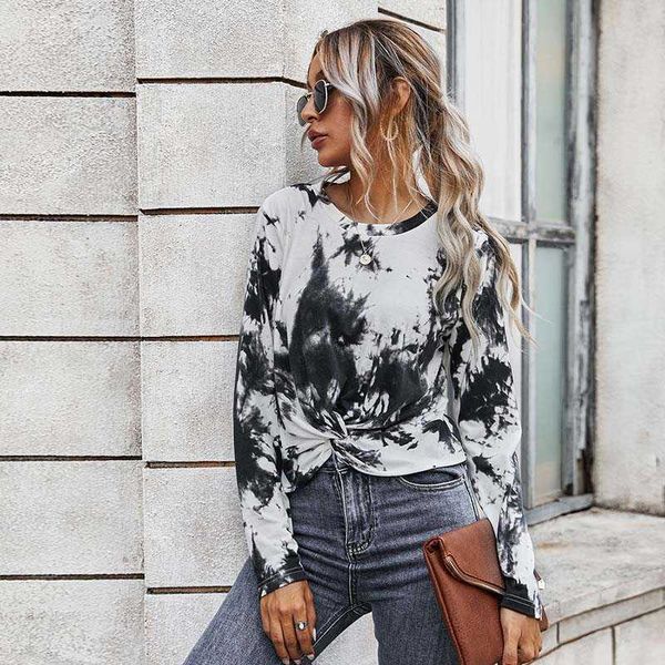 

fashion tie dye women t-shirt casual o-neck long sleeve patchwork knot woman clothing w644 210526, White