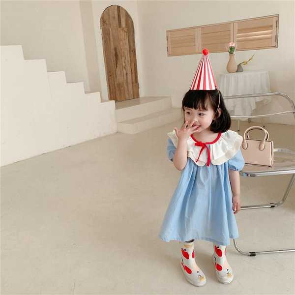 

babygirlsbluedresswithlotuscollarsummerchildrensclothingfashionprincessdresskidkoreandesigndressesgirl5-12y, Red;yellow
