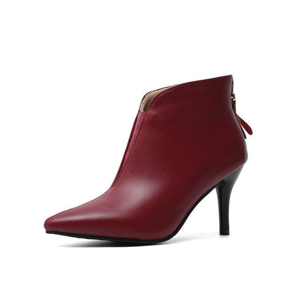 

boots stiletto pointed toe short women's wine red soft leather shoes, Black