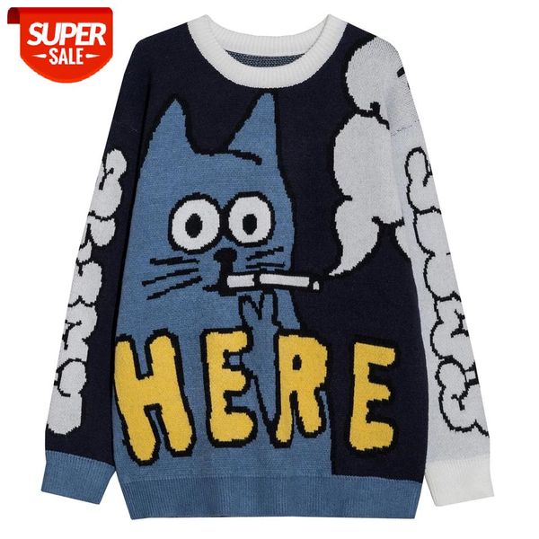 

2021 hip hop cartoon cat print knitted sweater men women streetwear cotton color block pulover vintage harajuku sweater oversize #le8r, White;black