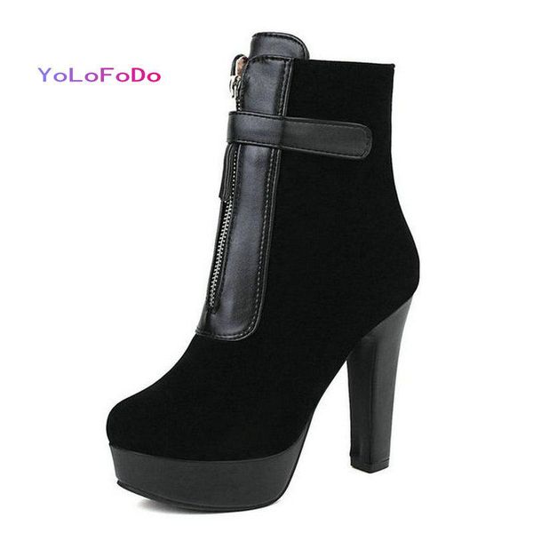 

boots 2021 autumn winter women ankle platform square high heel ladies short pu leather round toe women's big size 43, Black