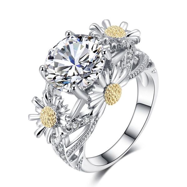 

wedding rings creative silver color daisy flower female bijoux cz fashion shiny crystal engagement ring for women finger jewelry, Slivery;golden