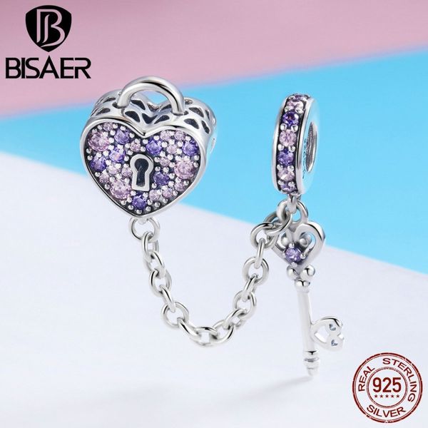 

bisaer real 925 sterling silver key lock of heart charms pink cz heart beads fit for women bracelet diy jewelry making ecc772 q0531, Black