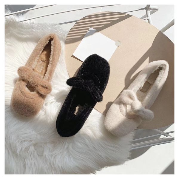

plush shoes women's winter wear plus velvet sandals single new year flat all-match peas autumn 01, Black