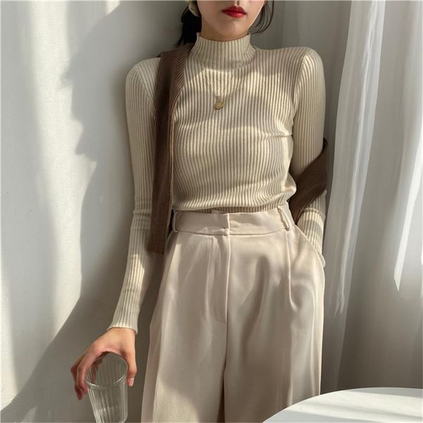 

women's sweaters 2021 autumn women female knitted pullover solid turtleneck all match elegant fashion gentle office lady casual, White;black