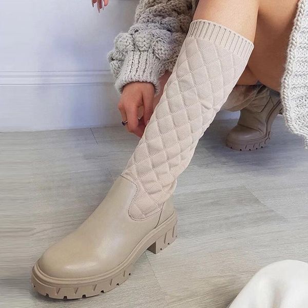 

boots autumn winter women mid-calf fashion warm female stretch cotton fabric slip-on flat shoes lady 2022, Black