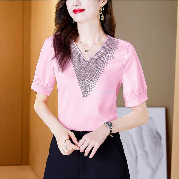 

korean fashion women shirt chiffon blouses for short sleeve shirts woman blue insert drill pullover oversize ol 210604, White