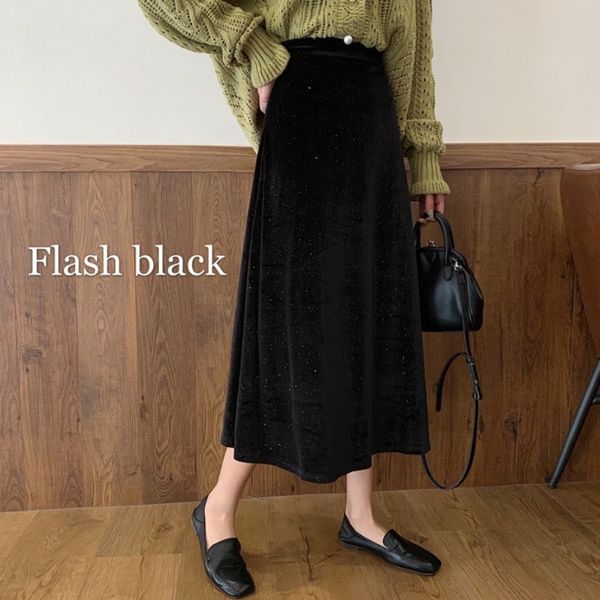 

new 2021 autumn winter women golden veet long skirt korean ladies elastic casual high waist skirts pleated bottoms k9kz, Black