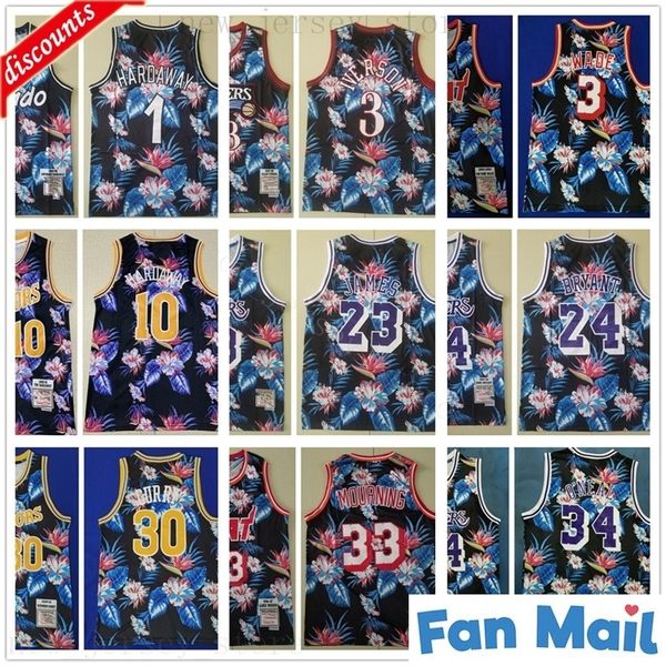 

floral fashion retro camo basketball jerseys 10 hardaway dwyane iverson 3 wade 23 james 30 curry 33 mourning bird 1 penny 34 o'neal jer, Black;red