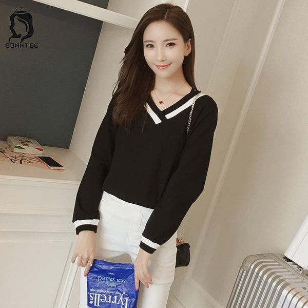 

women's t-shirt korean fashion women long sleeve womens v-neck solid loose female elegant t-shirts females comfortable ladies chic, White