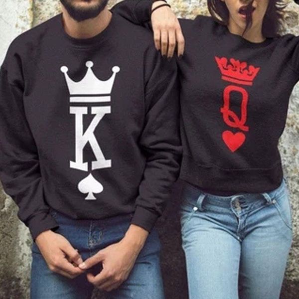 

2021 spring autumn women men king queen black hoodies clothing letter printing casual o neck couple lover pullover drop shipping