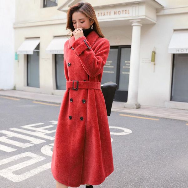 

2021 new winter women korean real fur coat female genuine wool fur natural sheep shearing double breasted long overcoat s220, Black