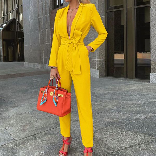 

2021 new autumn solid jumpsuits women deep v neck sleeve pocket sashes long romper fashion office ladies wear slim overalls xudy, Black