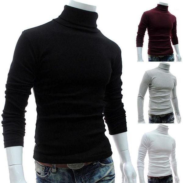 

men fashion solid color long sleeve turtleneck sweater s-lim and fits knitted pullover1, White;black