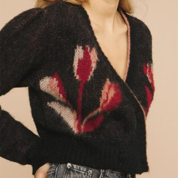 

women's knits & tees knit cardigans double breasted tulip printed v neck long sleeve retro female sweaters 2021 autumn, White