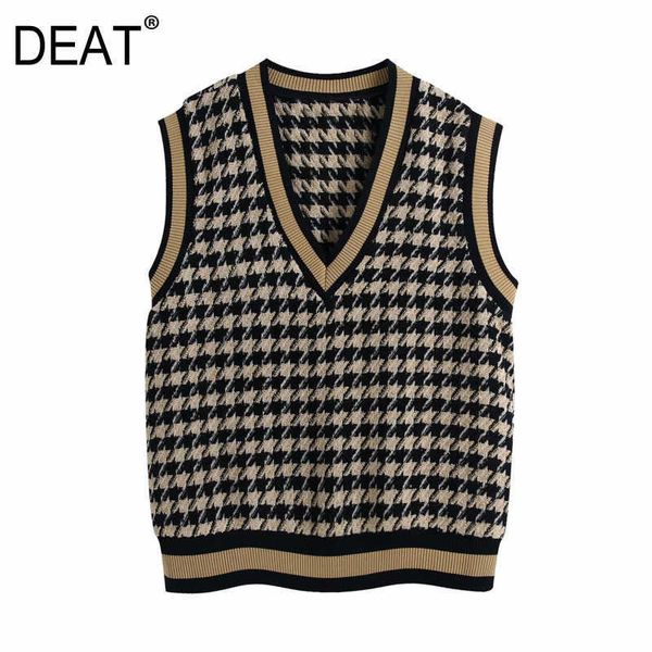 

[deat] fashion spring autumn sleeveless v-neck stripe loose fit knitting casual sweater vest women 13c205 210527, Black;white