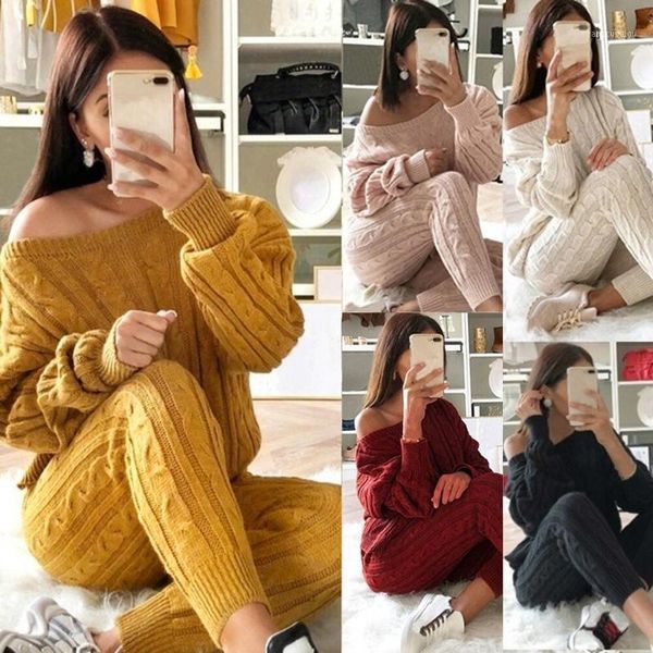 

two piece dress 2021 tracksuit women casual knit set autumn gym clothing long sleeve sweater pullovers pants female running jogger, White