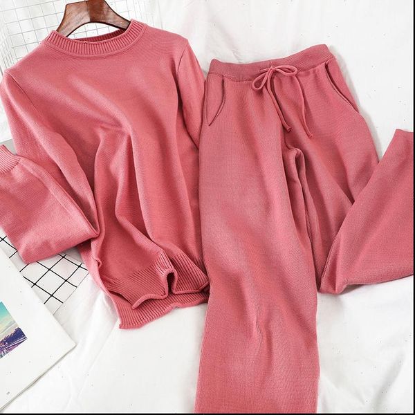 

knitted 2 womens tracksuits pieces set outfits winter two piece split suits loose sweater lace up wide leg pants tracksuit, Gray