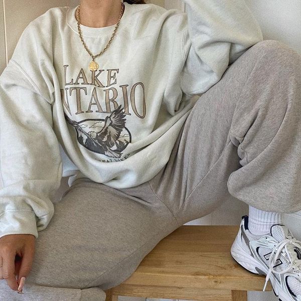 

women's hoodies & sweatshirts vintage eagle letter print oversized women o-neck pullovers 2021 autumn fashion streetwear loose casual w, Black