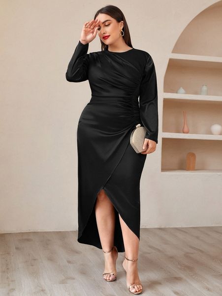 

plus tulip hem ruched front satin dress t9ei#, Black