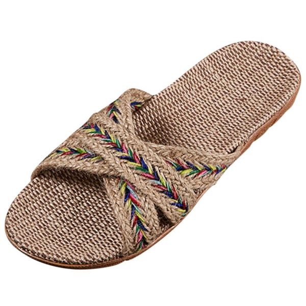 

slippers summer woven sandals with cross straps women's non-slip flat shoes straw holes linen casual beach, Black