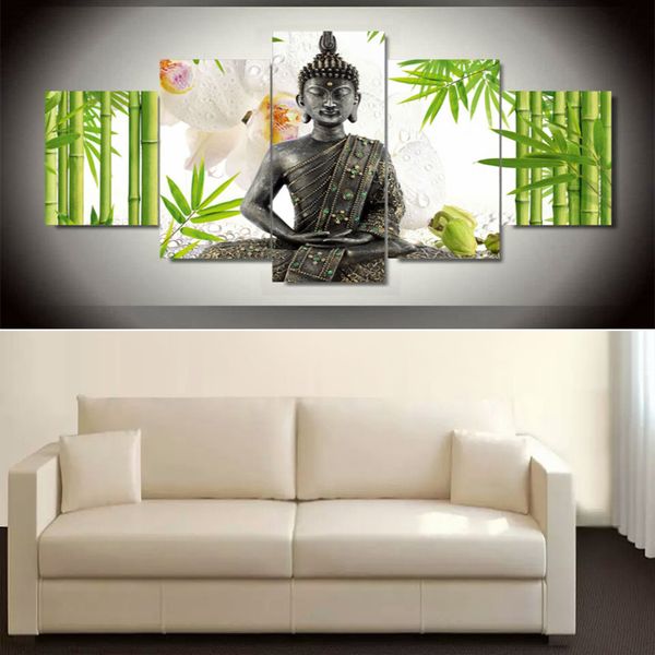 

5 pieces abstract green bamboo black flower buddha print painting decoration home wall pictures for kitchen no frame