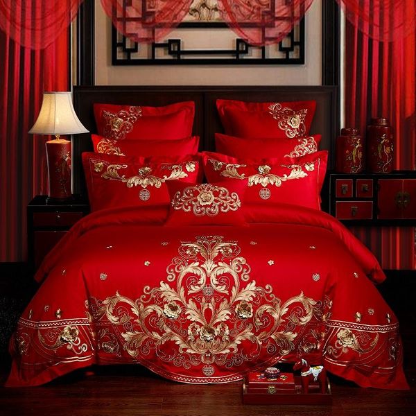 

bedding sets luxury red wedding style gold royal embroidery 60s egyptian sheet/linen cover bedspread duvet set cotton bed pillowcases