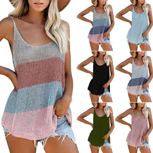 

women's tanks & camis 2021 women summer tank casual knitted o neck sleeveless strap blouse woman halter plus size wear, White