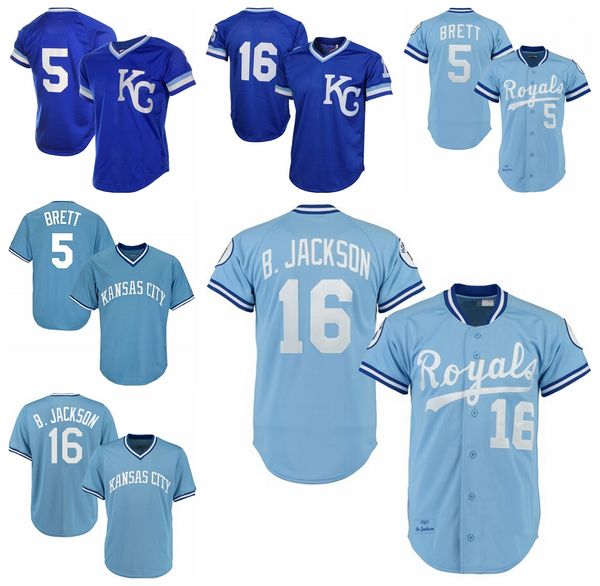

vintage 16 bo jackson 5 george brett baseball jerseys 1986 1987 blue white mesh pullover button home away all stitched and embroidery, Blue;black
