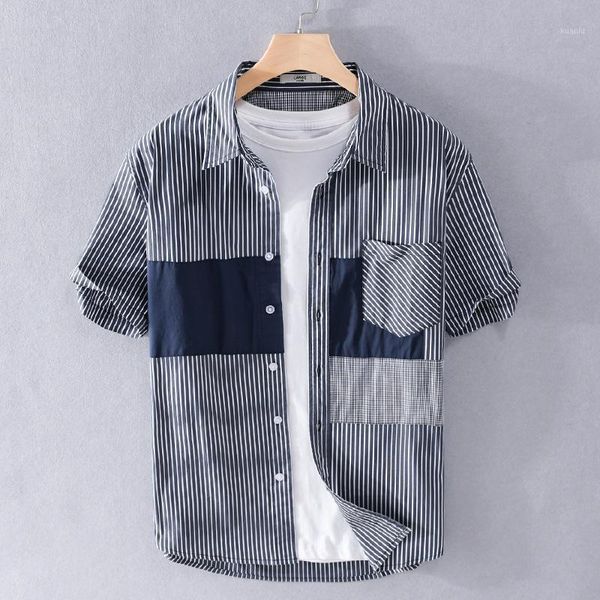 

summer men's casual stripe youth short sleeve lapel shirt shirts, White;black