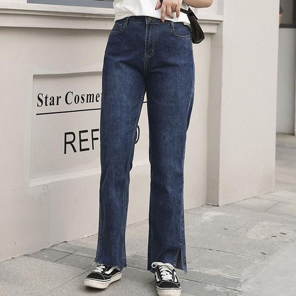 

women's jeans stretch all-match korean style straight casual loose denim high mid-length large size s-6xl, Blue