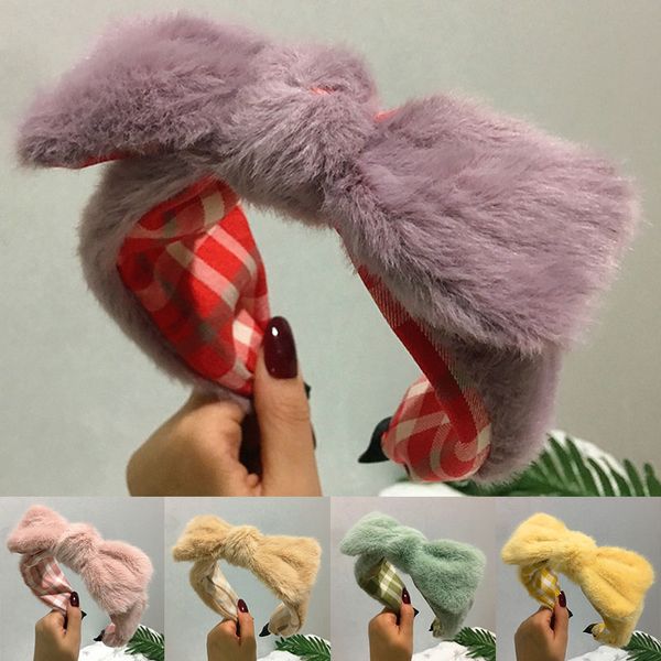 

plush rabbit ears headbands lamb wool hair hoop thick furry hairband faux fur wide knotting bow head hoop hair accessories, Silver