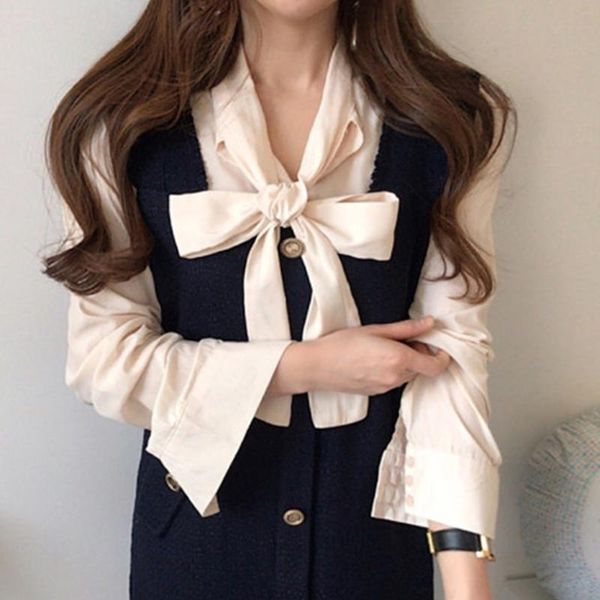 

women's blouses & shirts lace up bow neckline woman sweet long sleeve korean chic blouse women elegant all match office lady blusas muj, White