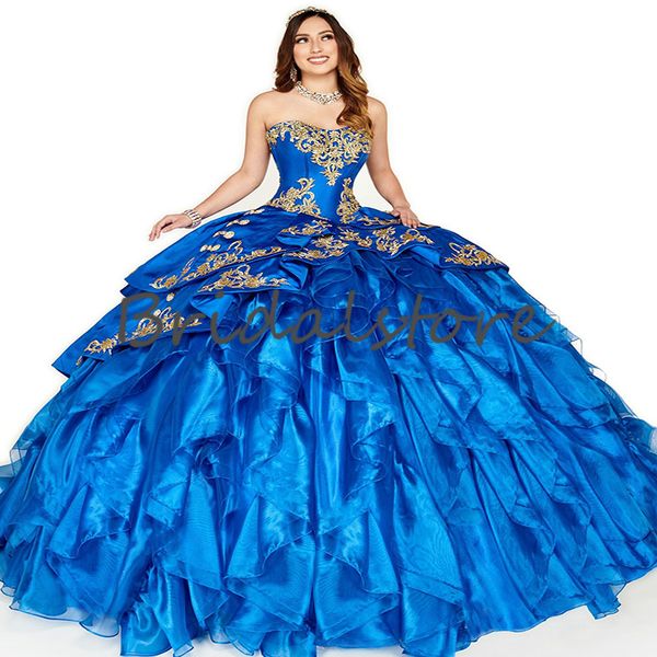 Princesa Royal Blue and Gold Bordado Quinceanera Dreses 2021 Doce Puffy 16 Vestido para Pageant Organza Tiered Ball Vestido de baile Sexy