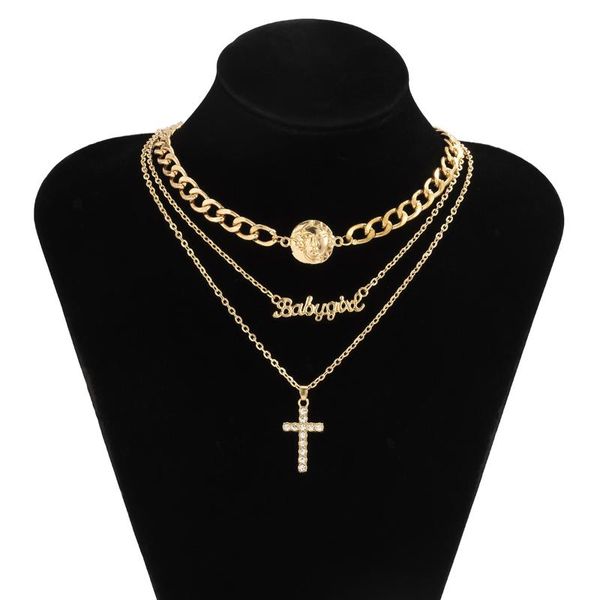 

pendant necklaces 3pcs/set multi layer twisted metal rope chain choker necklace vintage crystal cross babygirl jewelry, Silver