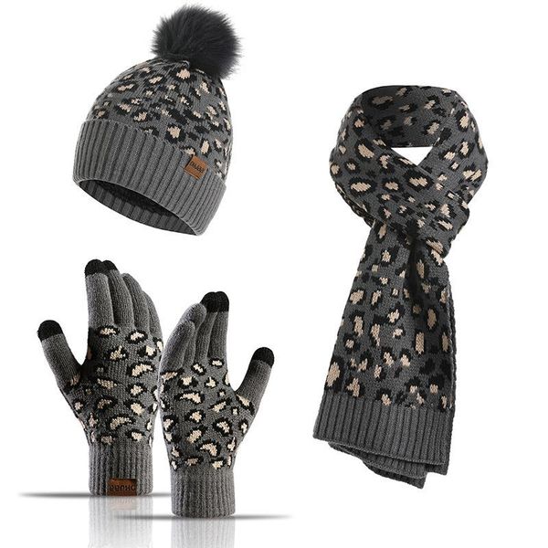 

hats, scarves & gloves sets winter women hat scarf men three-piece set knitting plush leopard print warm touch screen mittens wf201, Blue;gray