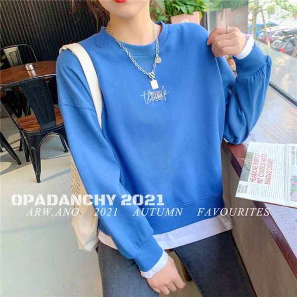 

korean autumn small alphabet students are thin, lazy, wind fake two long sleeved pullover women, Black