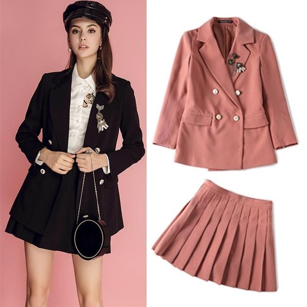 

women's suits & blazers work wear women skirts spring autumn elegant broochl long blazer + pleated ladies clothing sets dz242, White;black