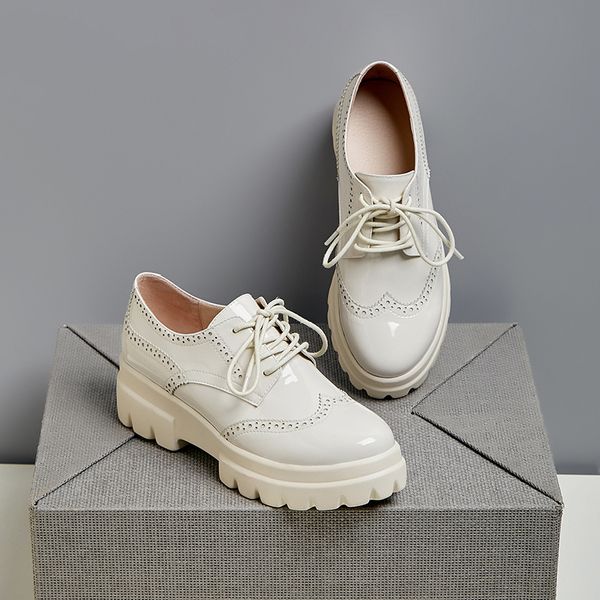 

womens genuine leather thick sole platform flats lace-up oxfords leisure soft comfortable carving british style sneakers shoesdress shoes, Black