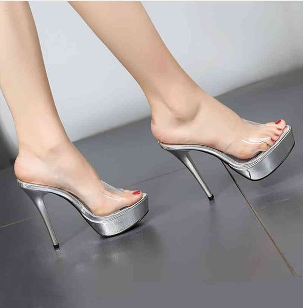 

sandals femme pantoufles high heel fine women summer women's shoes transparent crystal female slippers red sole wd2u, Black