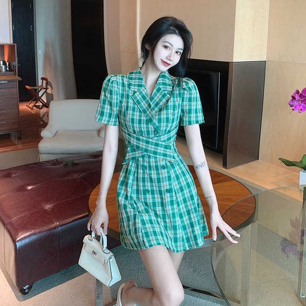 

korean 2021 summer green plaid double breasted suit dress, Black