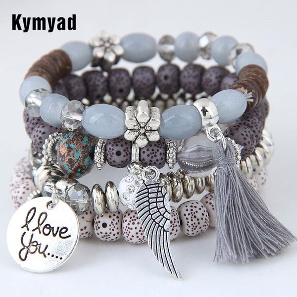 

charm bracelets kymyad 4pcs/set bracelet fashion multilayer crystal beads leave tassel & bangles pulseras mujer jewelry for women gift, Golden;silver