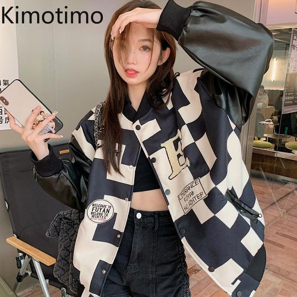 

women's jackets kmotimo chessboard leather coat women autumn winter design letter printed long sleeve jacket korean ins vintage basebal, Black;brown