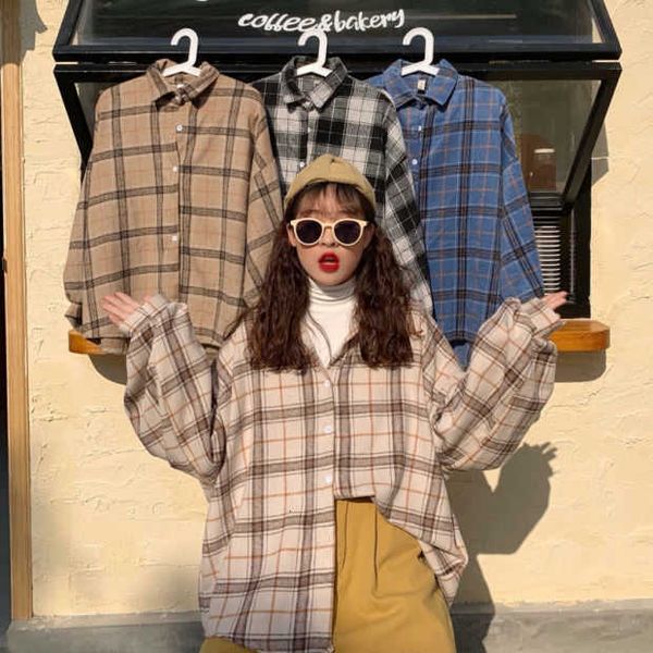 

skirts women blouses spring turn-down collar plaid all-match batwing sleeve loose shirts harajuku female 4 colors plus size outwear rukc, Black