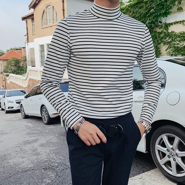 

male turtleneck half winter keep striped thick velvet double-sleeve t-shirts hip-hop jdy9, White
