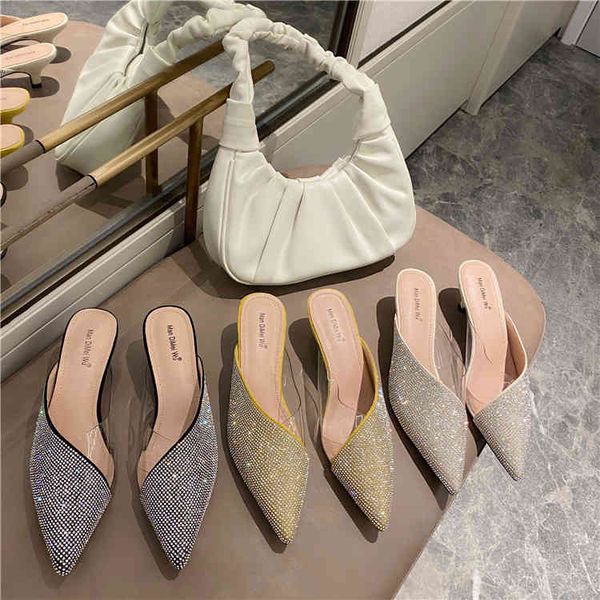 

slippers spring new fashion pointed women's shoes transparent soft glue drill v-heeled mid-heeled bag head half-dragging 4qqf, Black