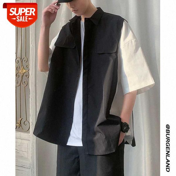 

short-sleeved shirt men's casual loose all-match hong kong style japanese thin inch #hw60, White;black
