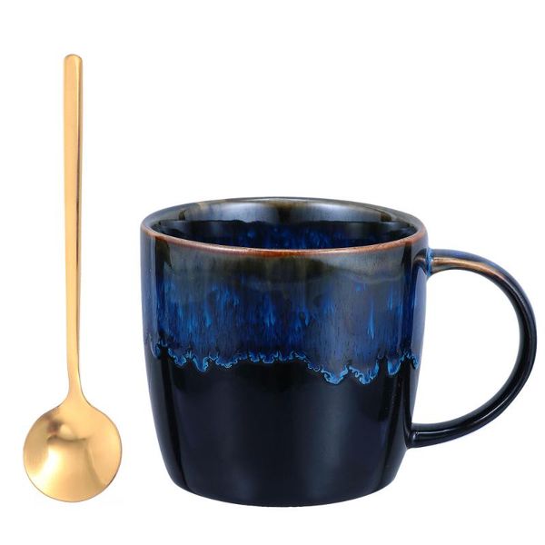 

running shorts 2pcs ceramic cup coffee mug breakfast tea drinking with spoon, Black;blue