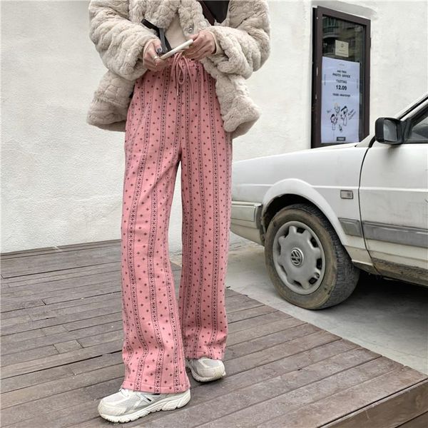

women's pants & capris woman 2021 winter sweet pink high-waisted wide-leg stripe splicing thicken trousers loose drawstring mopping, Black;white