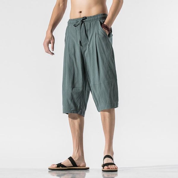 

2021 summer men cotton linen harem pants men casual hip hop joggers streetwear trousers male bloomers calf-length pants, Black